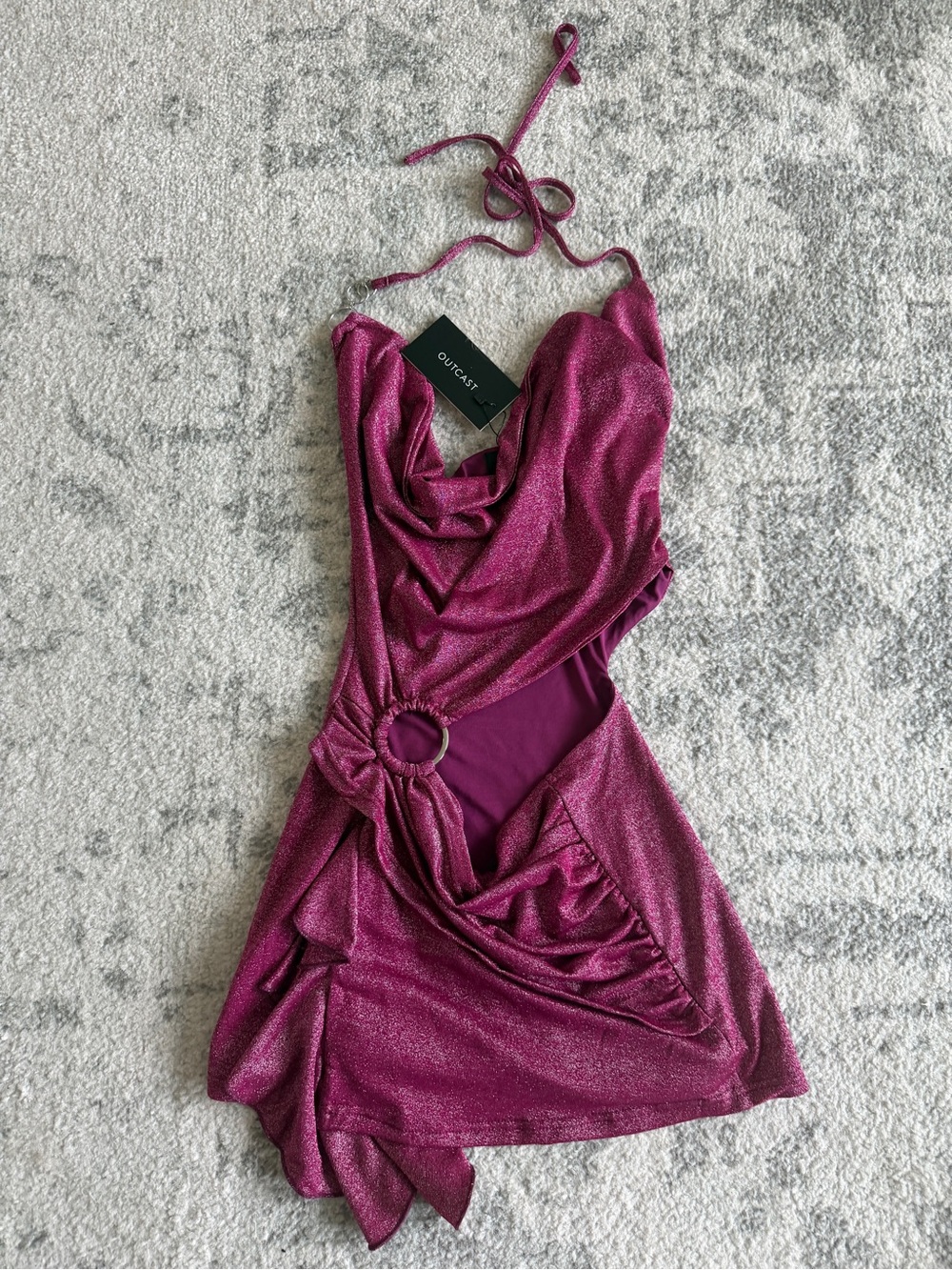 Outcast Magenta Shimmer Halter Mini Dress with Ring Detail
